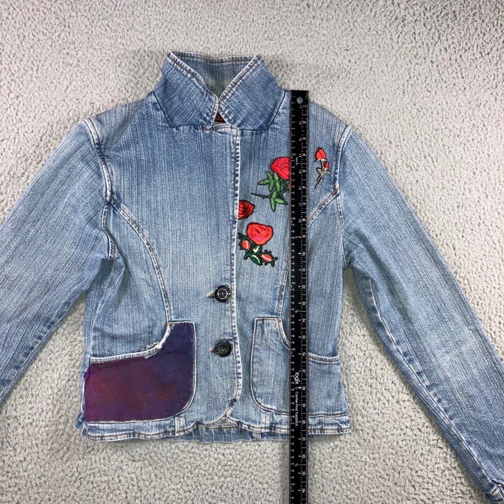 Vintage Denim Patch Jacket Women M Rose‎ Embroidered Patch Blue Jean Y2K 2000s - Picture 9 of 13